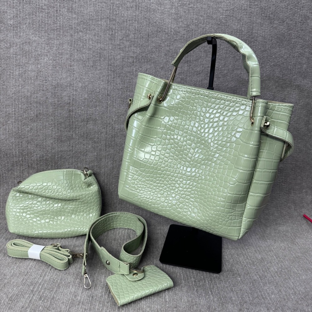 Sage Green Croc Embossed 3 PC Synthetic Purse‎ Set Bucket Bag Crossbody Wallet